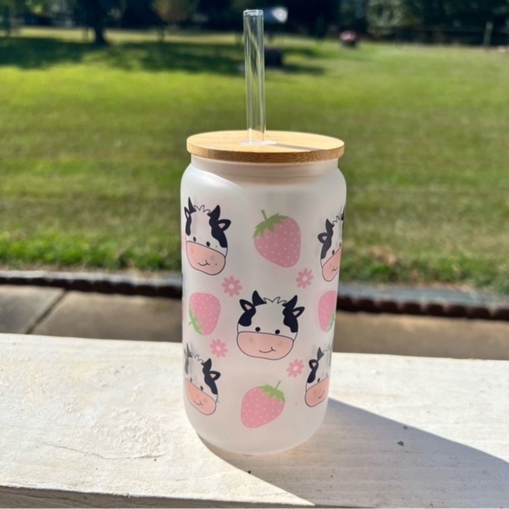 Handmade Strawberry Cow 16oz Frosted Glass Cup